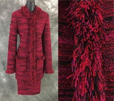 BEAUTIFUL St John knit pink red black multi fringe jacket skirt suit size 6