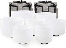 Set of 7 Frosted Quartz Crystal Singing Bowls 6-12 Inch 432Hz with Carry Cases