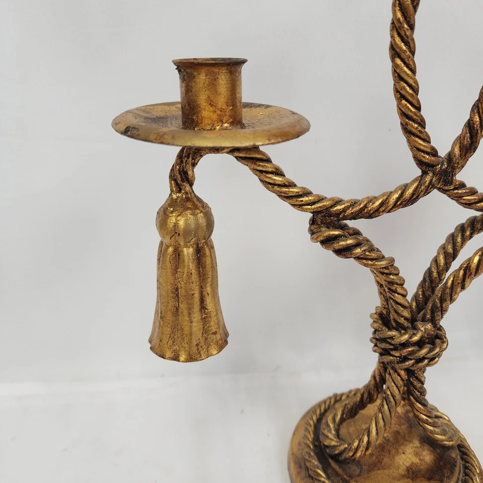 Candelabro italiano Tole cuerda dorada y borla Hollywood Regency 3 brazos 12" Foto 3 de 4