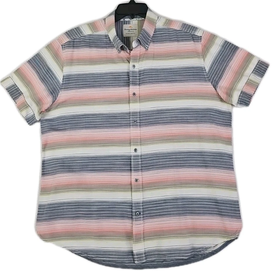 Tommy Bahama Jeans Island Crafted~Men's Size L~Gray/Pink Striped Button Up Shirt