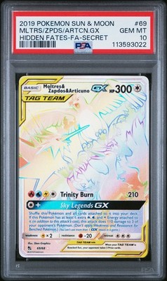 PSA 10 MOLTRES & ZAPDOS & ARTICUNO GX #69 Rainbow - 2019 SM HIDDEN