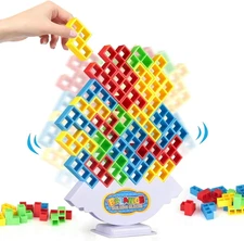 64 Pcs Stacking Tower Game with 22 Cards, Giant Tumble Balance Game for Family, 