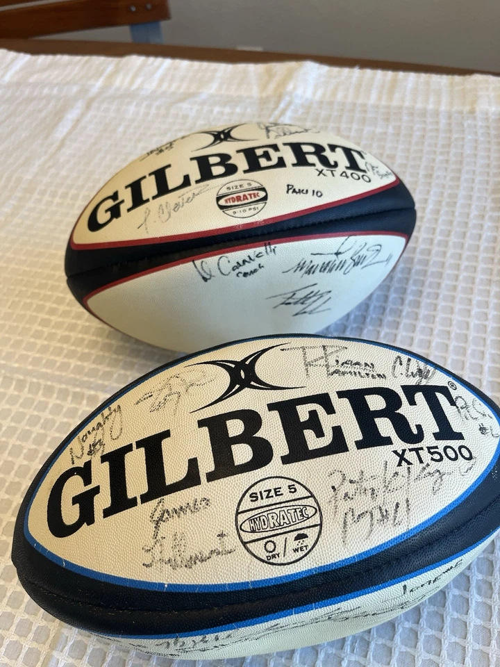 2 recuerdos de rugby firmados Gilbert Ball Paki #10 Jone #5 ¿Entrenador Caravelli? Inteligente Foto 2 de 4