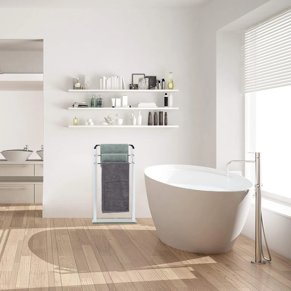 Asciugamani Da Terra, Porta Salviette in Metallo Cromato, Piantana Da Bagno a 3 - Immagine 3 di 4