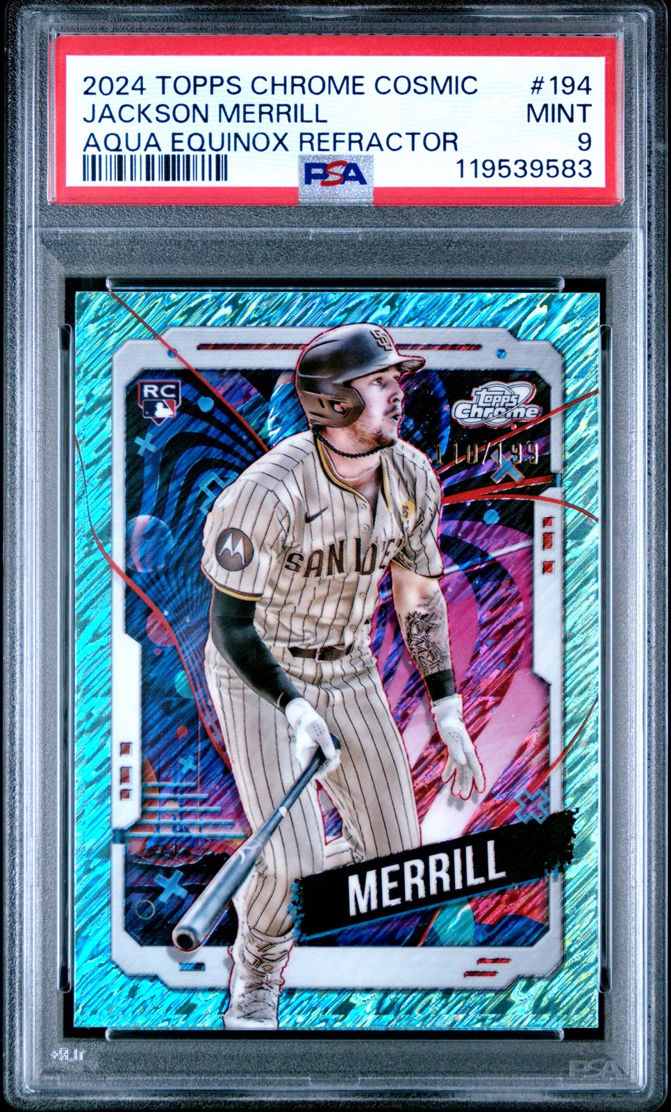 Jackson Merrill 2024 Topps Chrome Cosmic #194 Aqua Equinox #/199 PSA 9