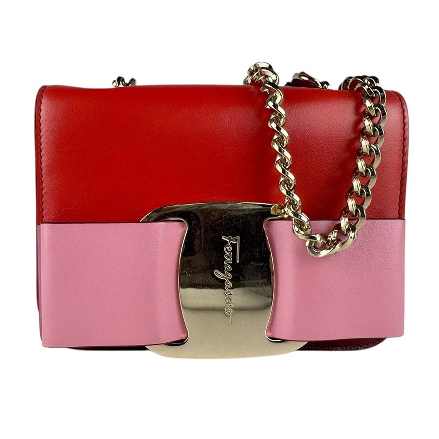 Ferragamo — Auth Salvatore Ferragamo Vara Ribbon Shoulder Bag Red/Pink/Gold Leather - z9013