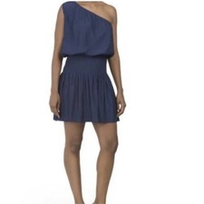 Ramy Brook Navy Blue One Shoulder Smocked Waist Mini Dress Flirty Summer M