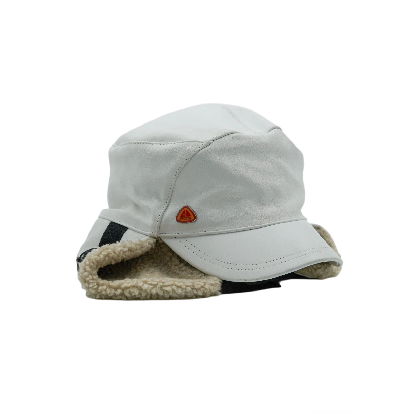 Nike ACG White Leather Shearling Lined Logo Ear Flap Hat
