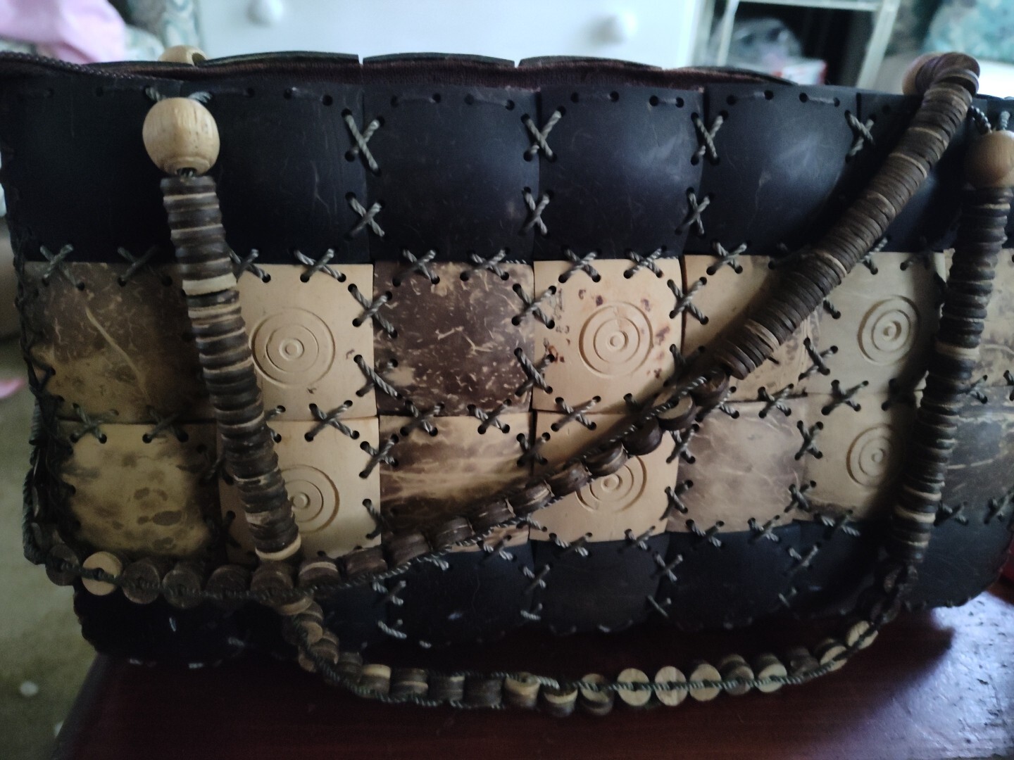 HandBag Natural Coconut Shell Wood Beads Cloth Lined Double Handled, Zip Top-image