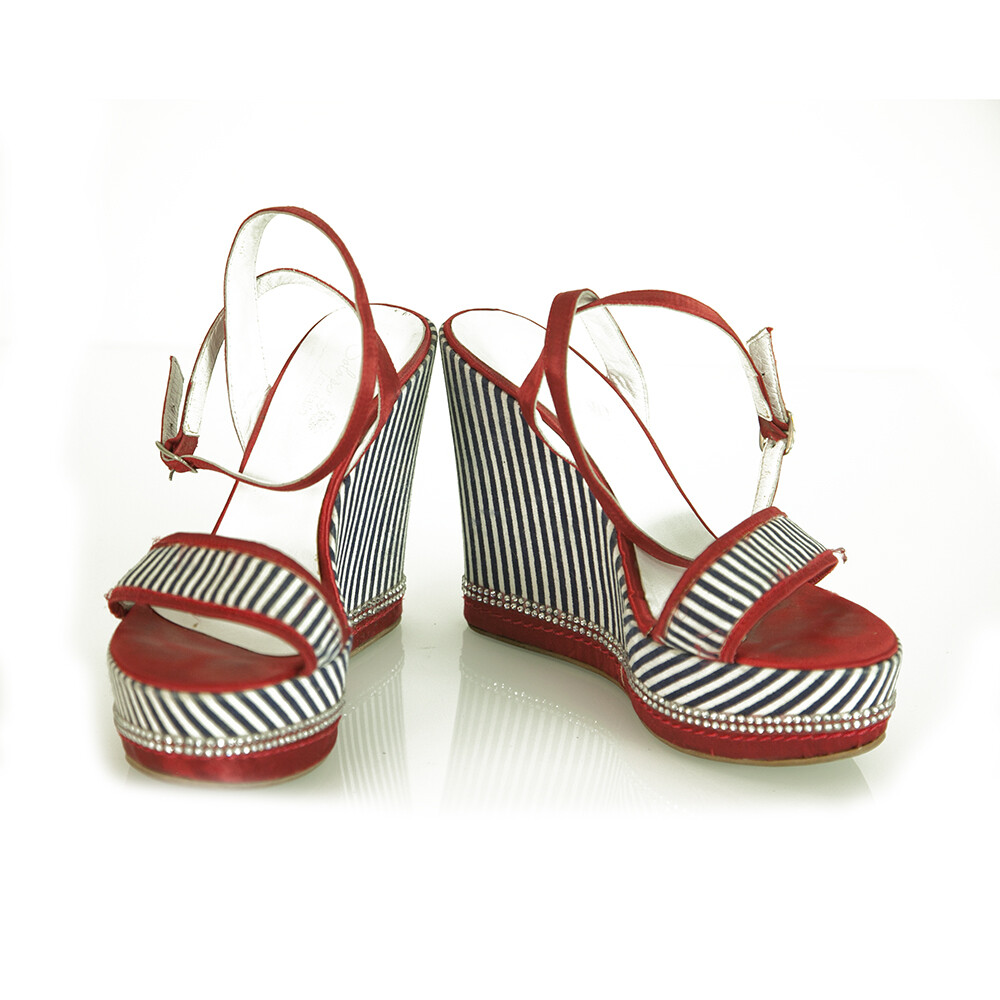 Solo Per Te Blue White Stripes Red Crystals Wedge Platform