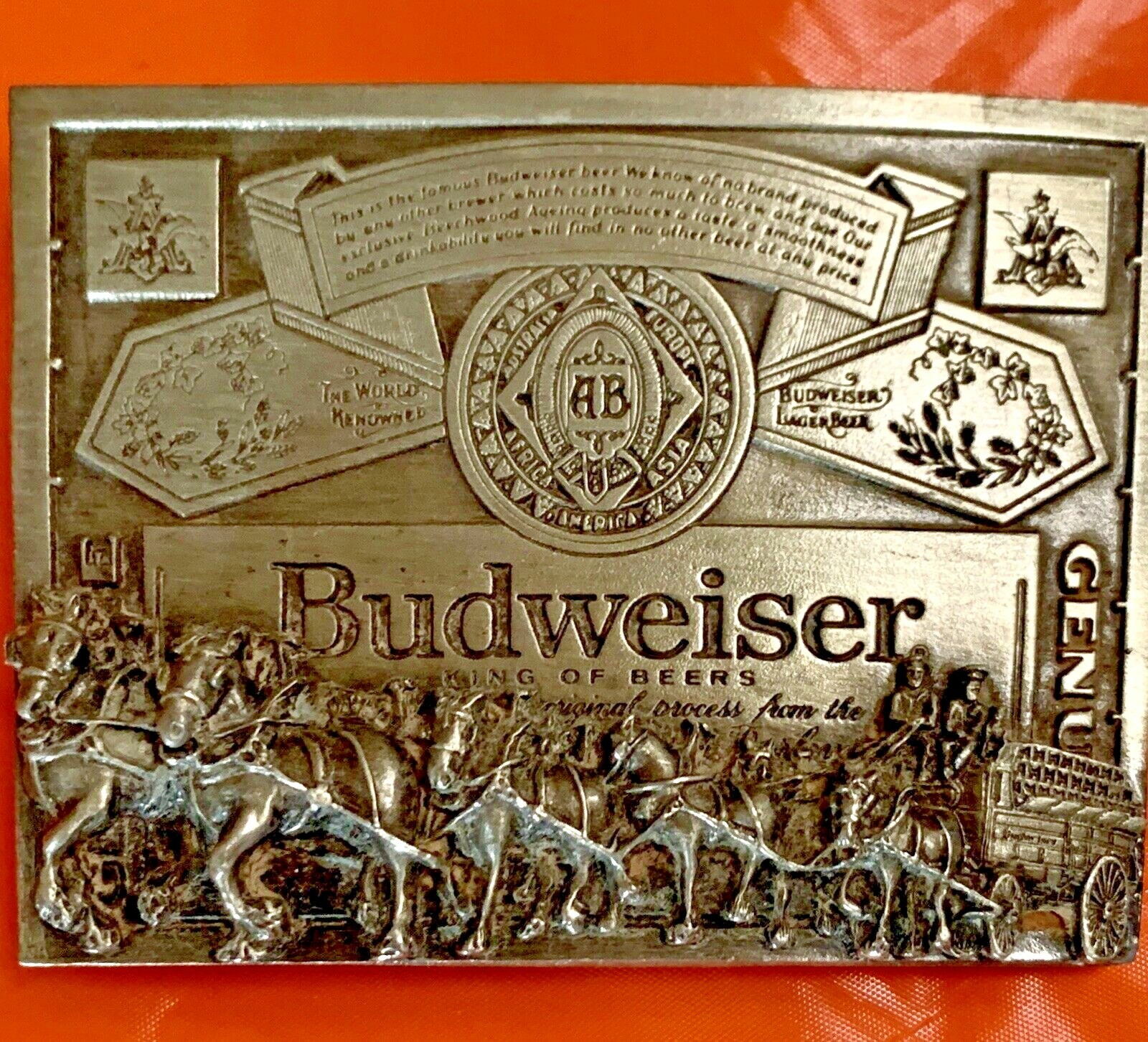 VINTAGE BELT BUCKLE BUDWEISER Bud King of Beers Raised Clydesdales