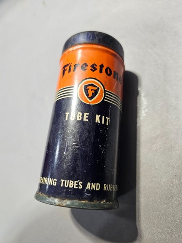 Vintage Firestone Tire & Tube Repair Kit Gas & Oil Advertising Tin Can - Imagen 7 de 8