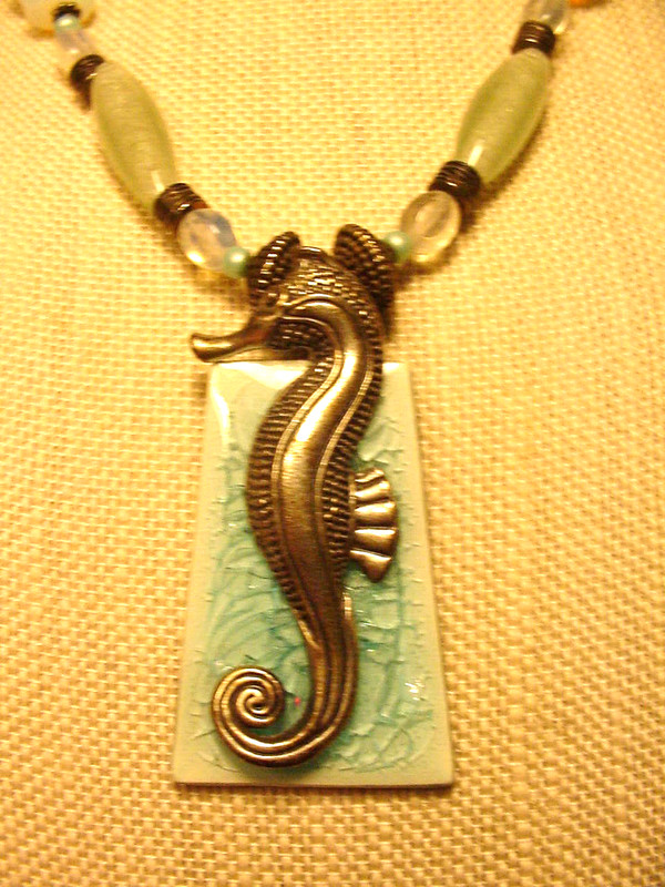 Carol Kent Seahorse Necklace Nautical Opalite Glass Pearls Lovely Beachy Colors