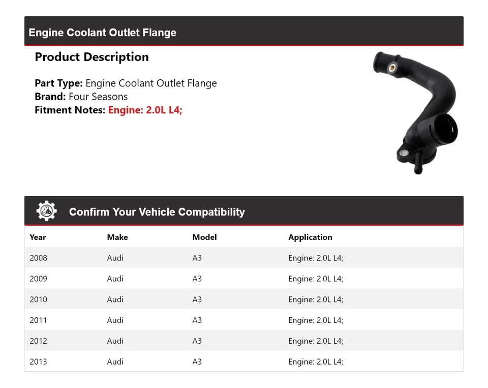 Brida de salida de refrigerante para motor Audi A3 2008-2013 2,0 L L4 4 estaciones 2009 2010 Foto 2 de 4