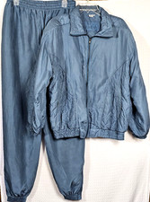 Vintage 1990s Fuda 100 Silk Bluish Green Track Suit Jacket and Pant Set Size XL