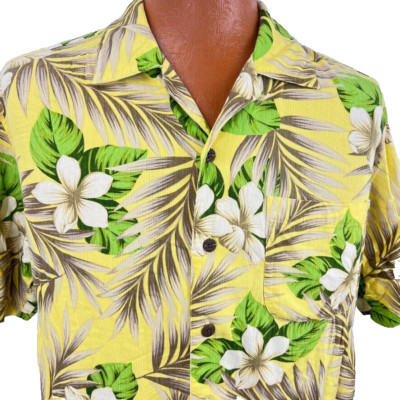 Caribbean Joe Hawaiian Aloha Shirt Large Floral Hibiscus Yellow Coconut Buttons