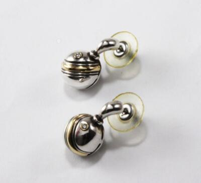 MOVADO 18K YELLOW GOLD 925 STERLING SILVER DIAMOND BALL DROP POST EARRINGS