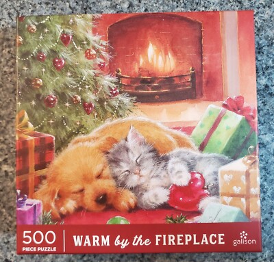 NEW HTF Galison WARM BY THE FIREPLACE 500 piece puzzle Christmas puppy kitten