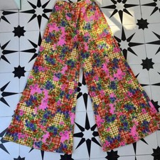 70s Vintage Picnic Gingham Floral Print Palazzo Wide Leg Pant Flare Etonic 26  W