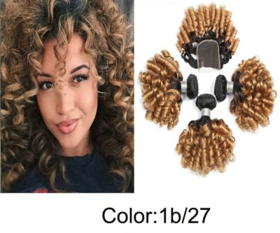 Human Hair Ombre Loose Bouncy Curly Bundles With Closure 22 24
