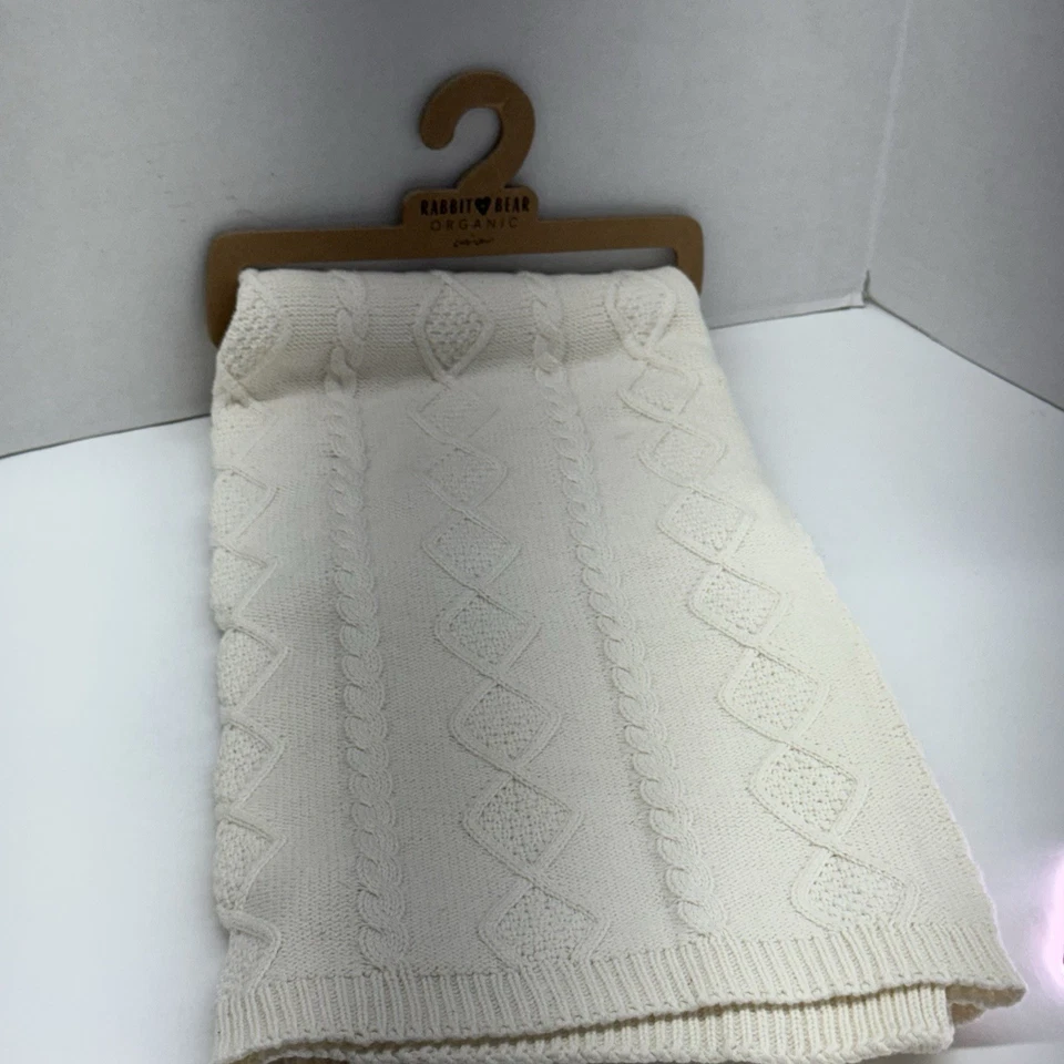 Rabbit + Bear Organic Lovey Cable Knit Beige Baby Security Blanket NEW 33x36 - Image 3 of 4