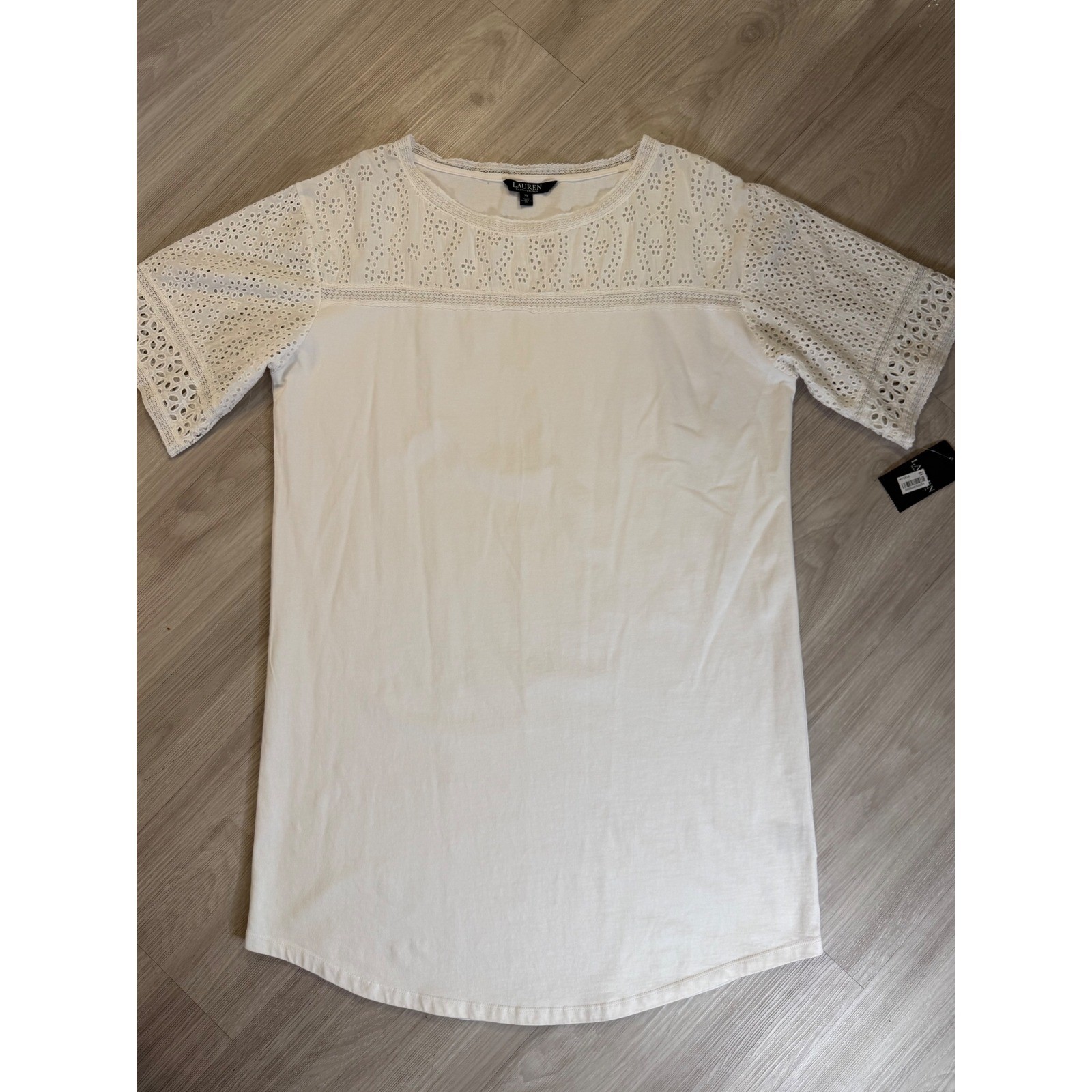 Lauren Ralph Lauren Womens XL White Eyelet Lace Yoke Short Sleeve Knit Top NWT