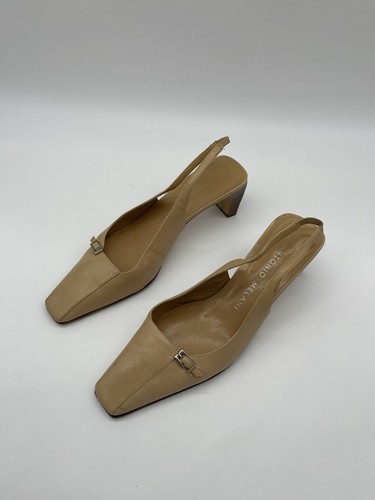 Antonio Melani Audrey Nude Leather Slingback Heels Square Toe Tan Buckle 8.5 VTG - Picture 1 of 12