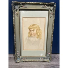 Antique 1900s Floral Gesso Frame Victorian Girl Portrait Litho, Brundage Style