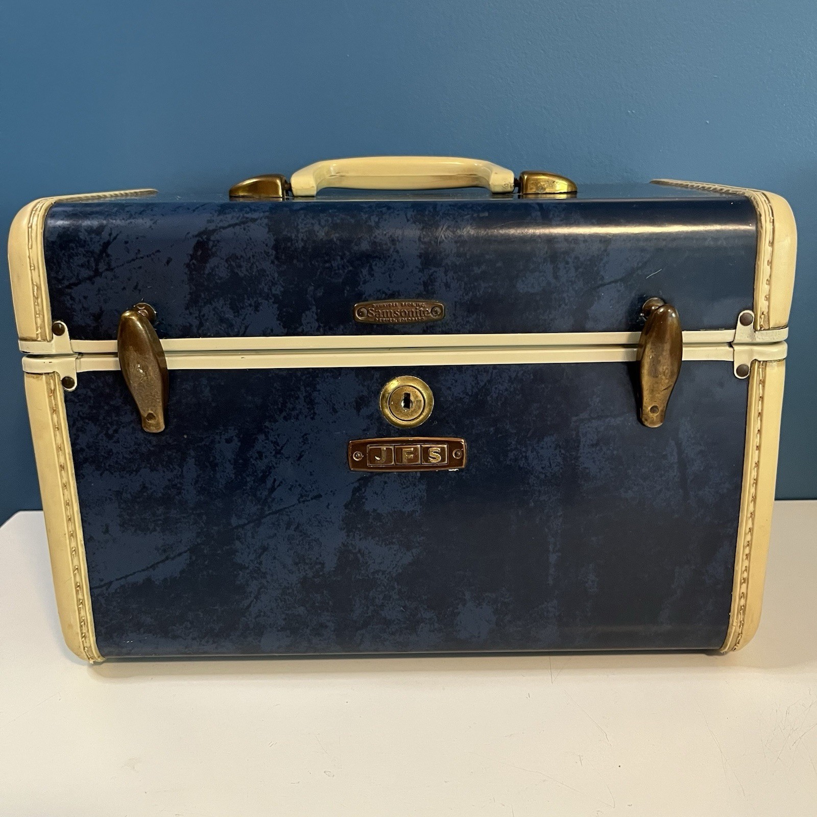 Vintage Samsonite Schwayder Train Luggage 4712 Makeup Travel Case Blue Marble