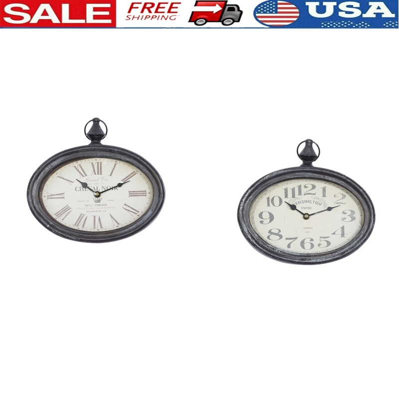 Vintage Pocket Watch Style Wall Clock Set of 2 Silent Iron Decor Home Accessory