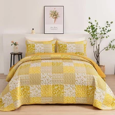 Yellow Boho Quilt Set King Size,3 Pieces Plaid Floral Bedspread Coverlet Set Sum