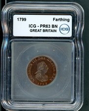 GREAT BRITAIN PROOF FARTHING 1799 COIN SLABBED ICG PR 63 RARE   56