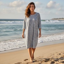 Talbots Petite S Blue White Stripe Knit Tunic Dress 3/4 Sleeve Stretch Coastal