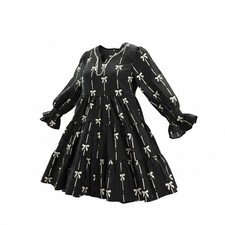 SHOP THE MINT Black Girl's Dress with White Bow Pattern, Tiered Skirt, Ruffled