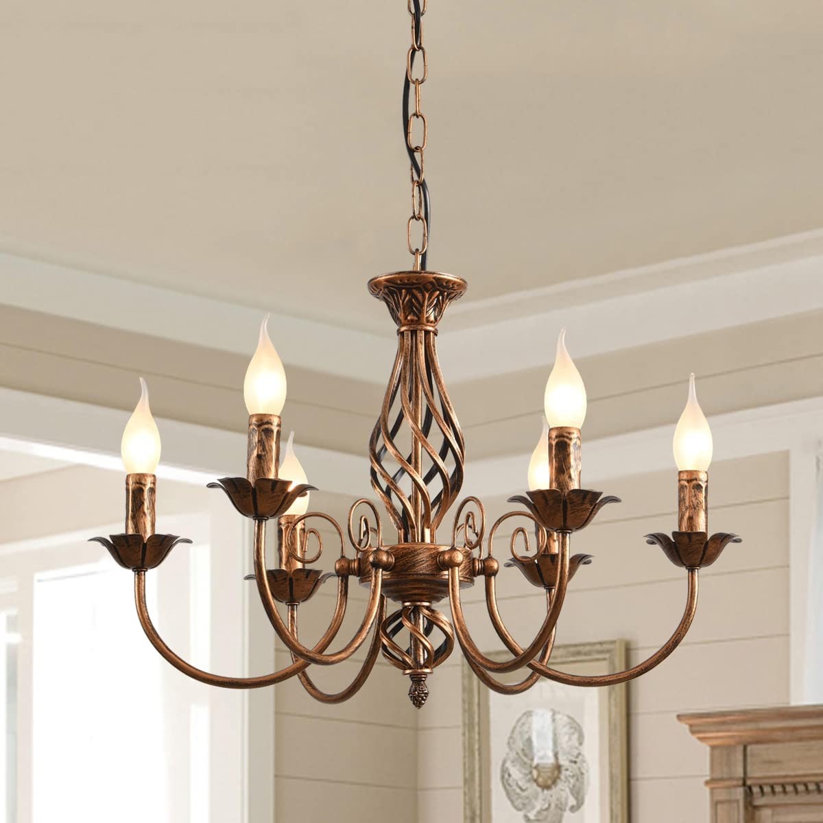 Lustre style traditionnel pays en bronze à hauteur réglable avec bougies vintage pour salon