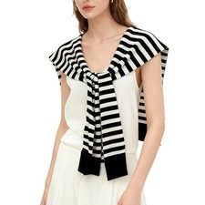 Women's Fashion Knitted Shawl Sweater Wraps for Women White With Black Stripes