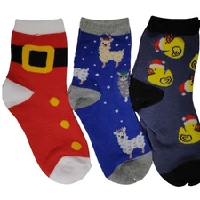 3-PK Kids Holiday Crew Socks (Santa Belt, Llamas, Rubber Ducks), Size 7–8.5 