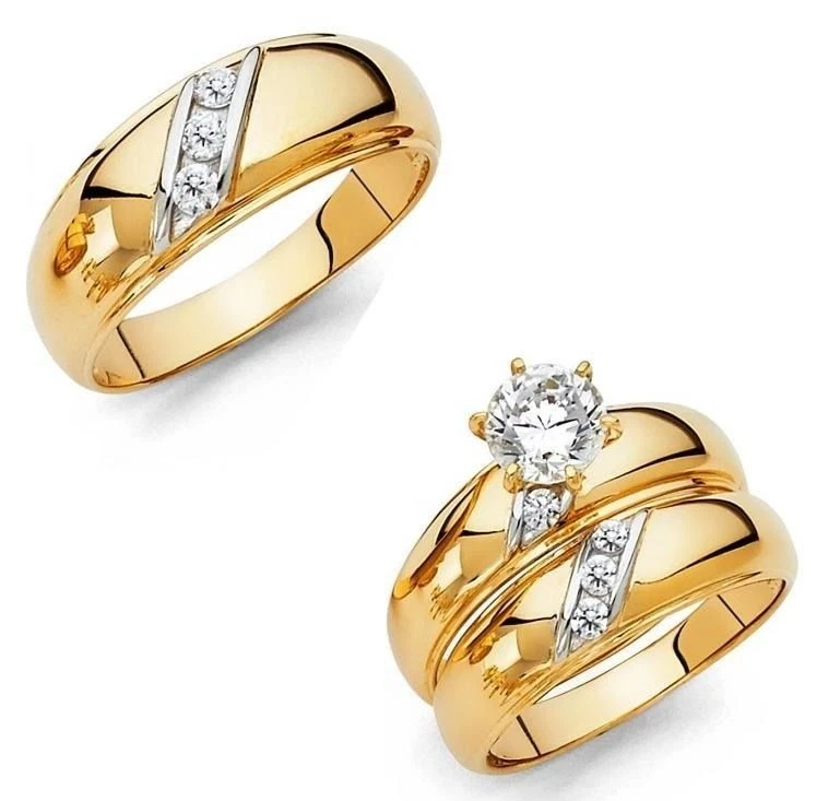 14k Solid Two Tone Gold Trio Wedding Band Bridal Set Solitaire Engagement Ring