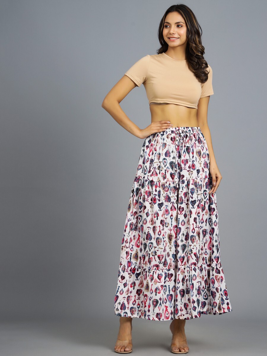 Falda Plisada Maxi De Algodón Impresa Casual Suelta Con Volantes Larga