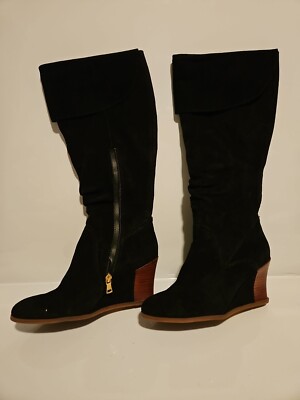 Lucca Lane Sander Black Leather Suede Knee High Wedge Boots Sz 8.5 Never Worn