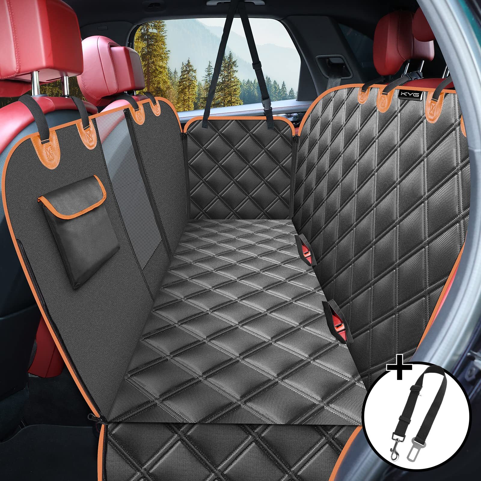 KYG Dog Car Hammock Seat Cover with Universal: 135 x 148 cm, Black & Orange - Image 2