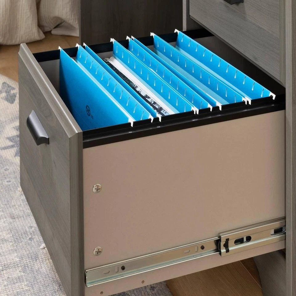 South Shore Computer Desk Rectangular Hutch Fixed Dividers Gray Maple 3-Drawer - Image 3 of 4