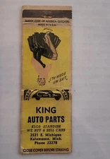 KALAMAZOO MICHIGAN Matchbook Cover KING AUTO PARTS Used Shop Pinup Girlie