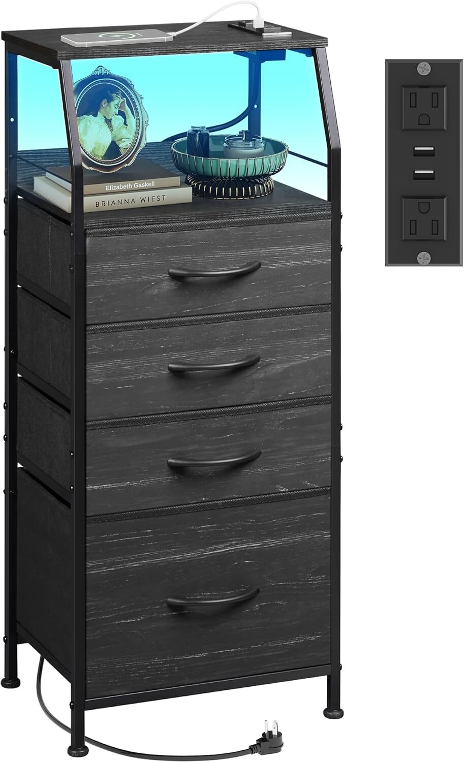 Black Nightstand with Charging Station & LED Light - 4 Drawer Tall Bedside Table-image