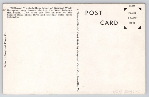 Millwood Ruins of General Wade Hampton's Home Columbia South Carolina Postcard - Picture 2 of 2