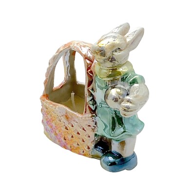 Vintage Easter Bunny Candleholder 4 in Lusterware Porcelain Candle 3D Figurine