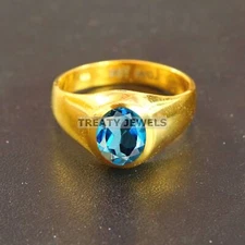 London Blue Topaz Oval With 925 Silver Sterling Gold Plated Ring For Men's #B226