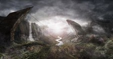 Landscape fantasy art valley sky clouds rocks waterfall Custom Gaming Mat Desk