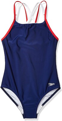 Speedo 256920 Kids One Piece Solid Cross Back Multi Straps Swimsuit Size 10