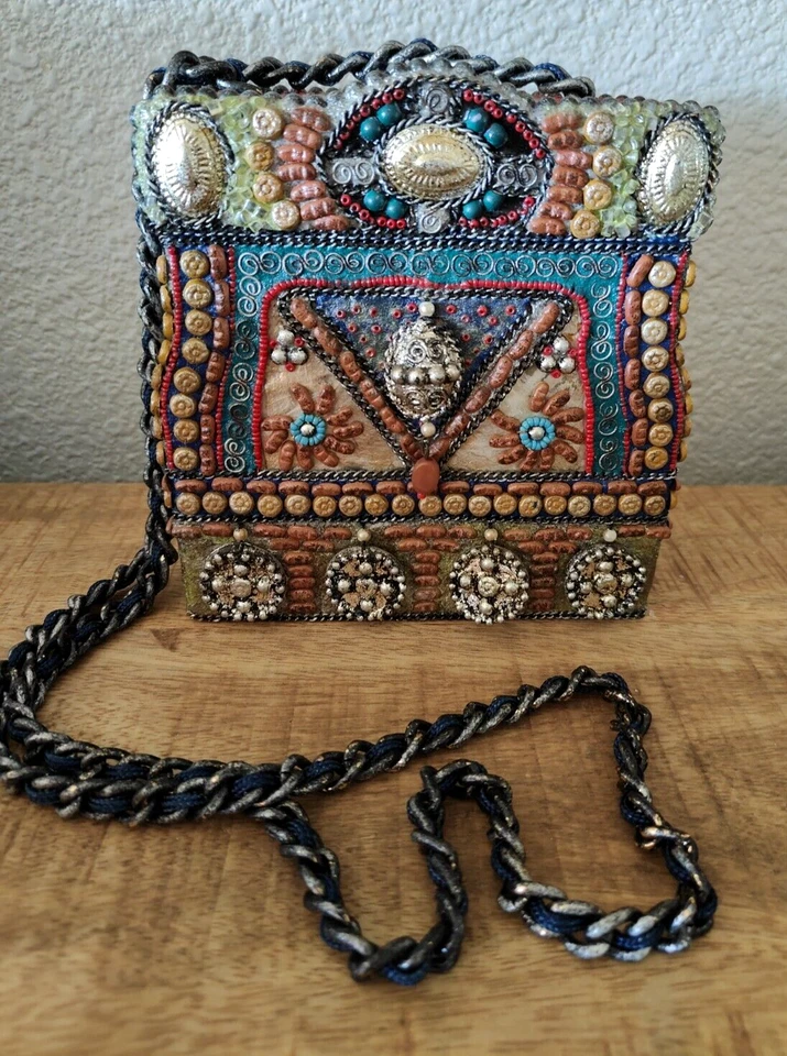 Mary Frances Vintage Handbag Purse, Boho Indian Style Beaded Hard Case Crossbody